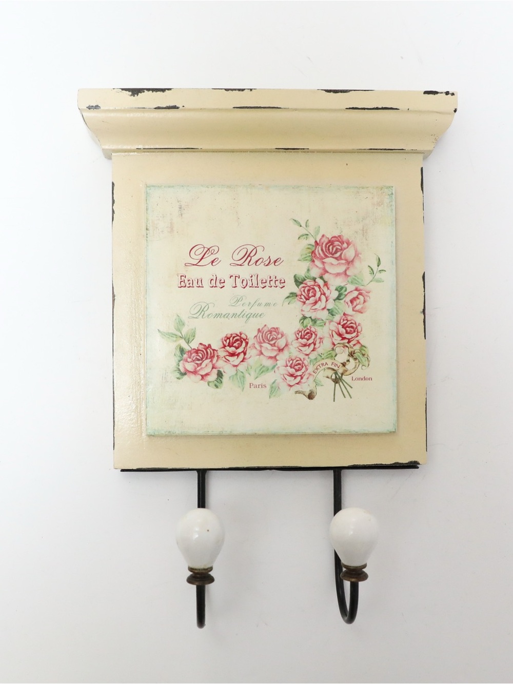 Shabby Chic Wall Hook with Ceramic Knobs Vintage French Cottage Decor Decoupage
